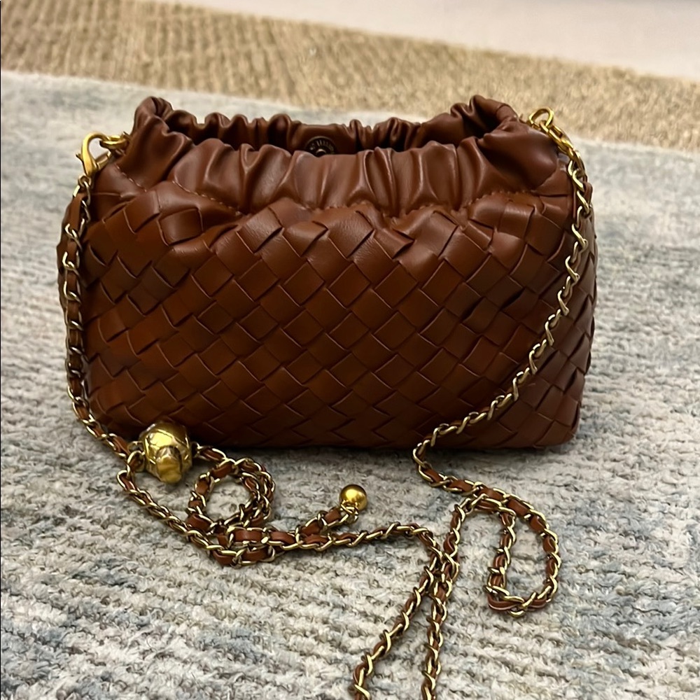 Brown Woven Leather Chain Bag